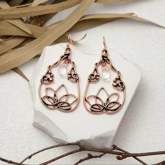 Champagne Lotus Flower Drop Hoop Earrings - Picture 4 of 6
